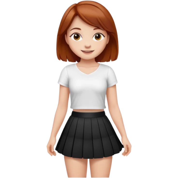 Sexy Mini skirt very short black pleated skirt.  Girl puts hand on hip.  She smiles.  Auburn hair. Very small white top emoji