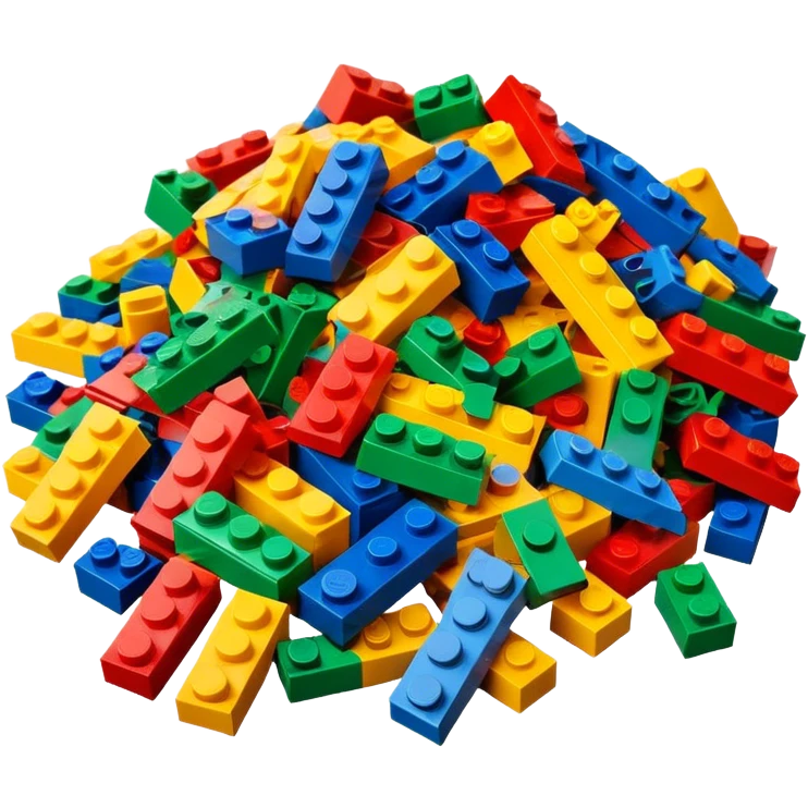 A photorealistic icon featuring a pile of colorful LEGO bricks scattered together in a messy heap. The design includes bright, detailed textures of the individual bricks, capturing the playful and creative essence of LEGO building. Transparent background, symbolizing LEGO construction. emoji