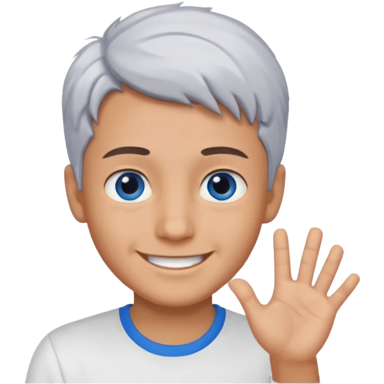 smiling boy in white shirt saying hi blue eyes and gray hair  emoji