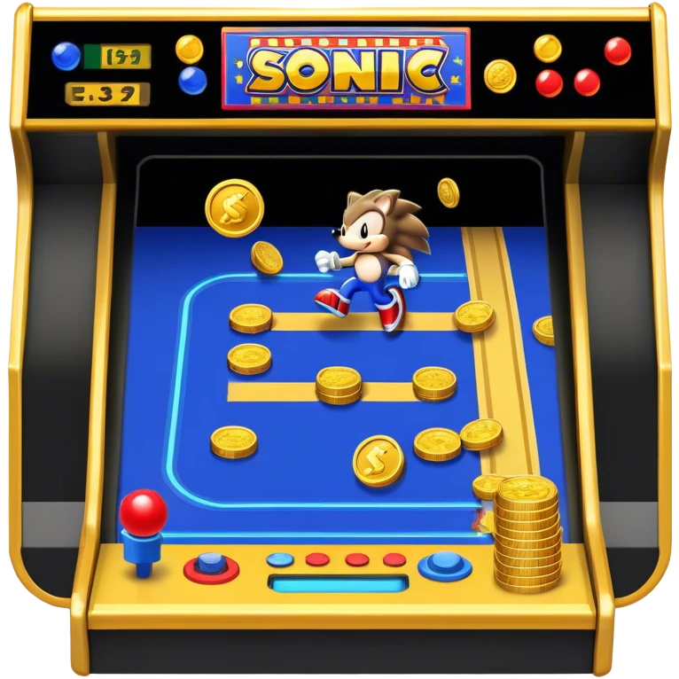An icon showing a retro arcade screen with pixelated characters like a speedy hedgehog Sonic jumping and collecting coins. The game environment includes obstacles, power-ups, and vibrant colors, evoking the excitement and nostalgia of classic arcade games. transparent background. emoji