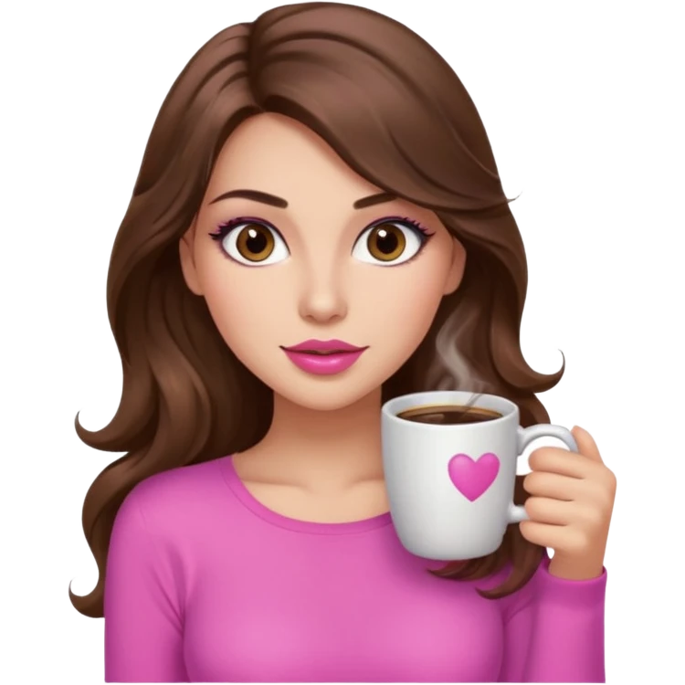 girl with long wavy brown hair, brown eyes, long lashes makeup, sexy pink lips, light to medium complexion, pink sexy top, with a coffee mug emoji