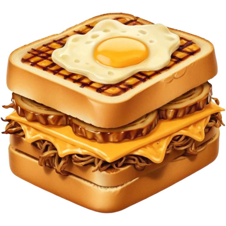 BBQ pulled pork frisco melt on texas toast with crispy onions, no egg on top emoji