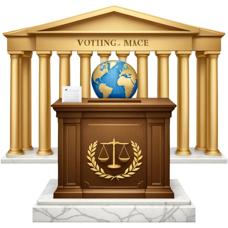 An icon featuring a ballot box with a voting paper, a government building with columns, and a scale of justice, symbolizing political science. The design includes a world map in the background, representing global political systems. Transparent background highlights governance and civic studies. emoji