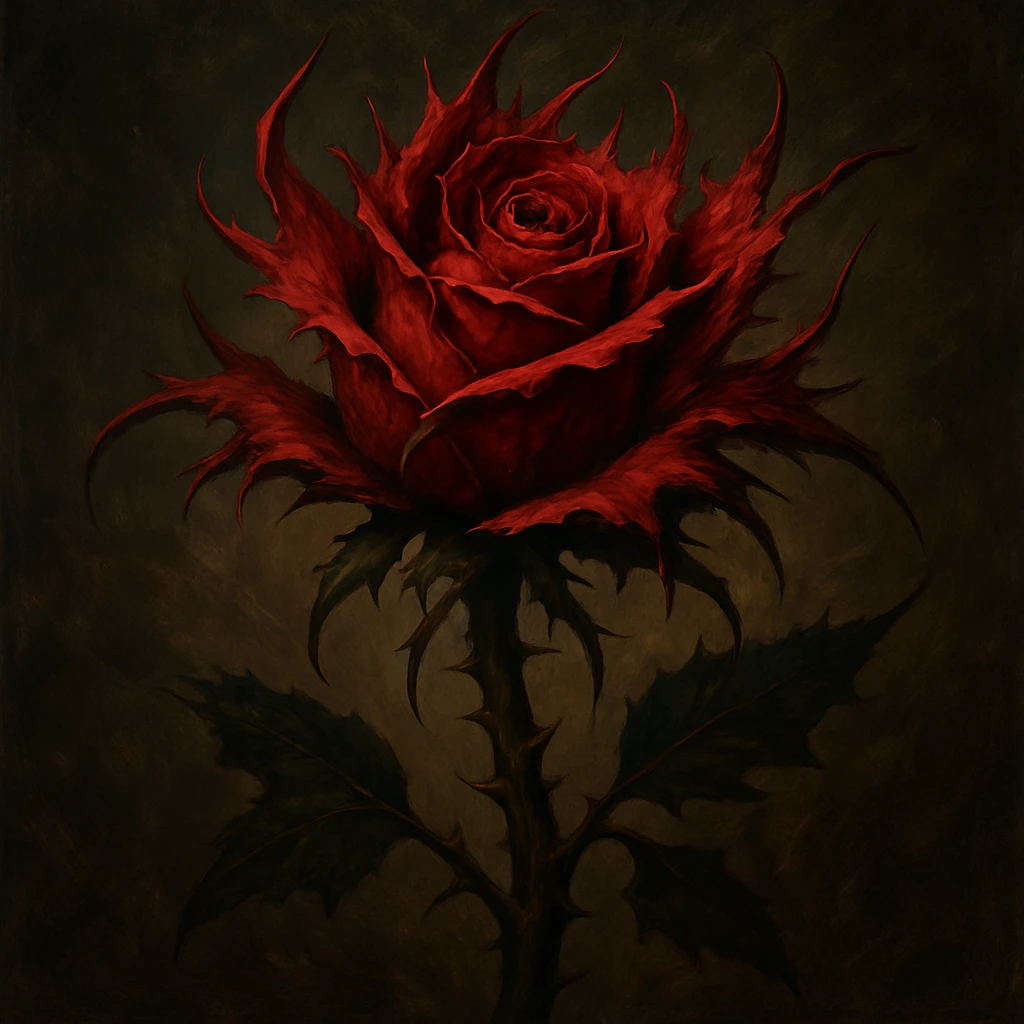 a dramatic rose with wild petals and prominent thorns, looking untamed and powerful emoji