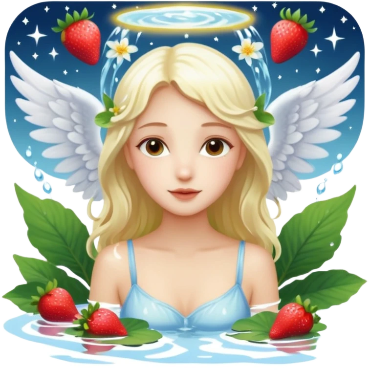 a beautiful angel like girl mix with  watel lili and  Strawberries  being born with an nenuphar on her light hair on stars  emoji