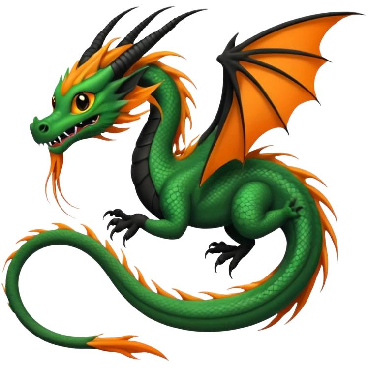 Black, green, orange, grey, Asian noodle-dragon, with black sclera, long mane, long whiskers, long tail, gliding flying, no wings emoji
