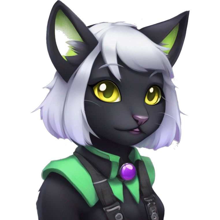 Gorgeous furry gothic dark techwear anime style anthro black cat furry sona Fakemon with blushing face yellow-green eyes with ponytail, aesthetic and pretty edgy black with violet collar and harness trending style emoji