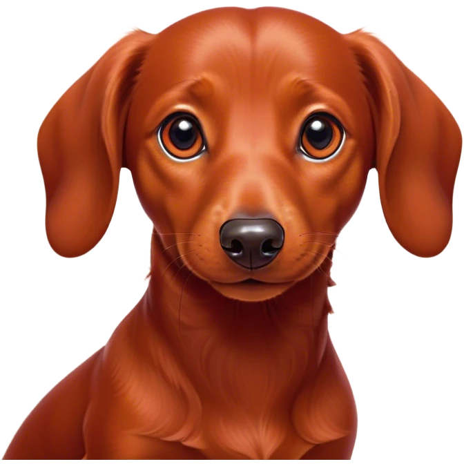 Cinematic Cute Red Dachshund Portrait Emoji, Head tilted playfully and inquisitively, featuring a glossy red coat with a sleek sheen, round, sparkling brown eyes filled with curiosity, Simplified yet irresistibly adorable features, highly detailed, glowing with a warm, friendly glow, high shine, affectionate and spirited, stylized with a touch of whimsy, bright and endearing, soft glowing outline, capturing the essence of a mischievous yet loving pup, so playful it feels like it could dash out of the screen and into your arms! emoji