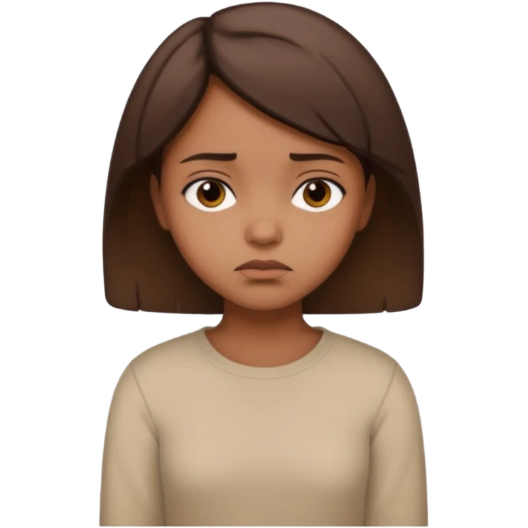 a brown girl with short brown hair wearing a beige full sleeve and looking sad emoji