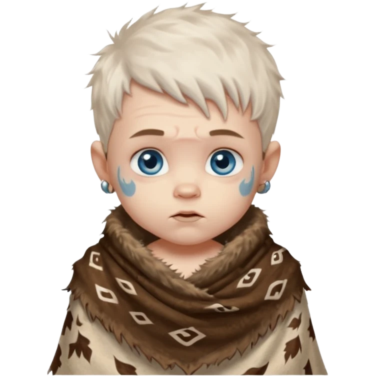 ancient hairy white baby tatooed boy, tattered animal skin shawl emoji