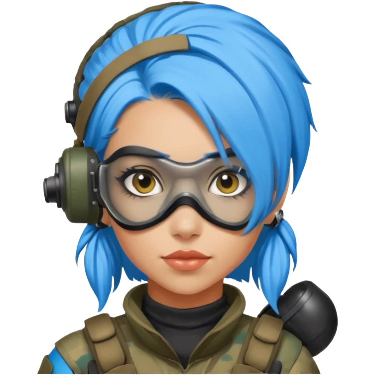 blue curly haired paintball playergirl with huge earrings, wearing paintball eye mask helmet emoji
