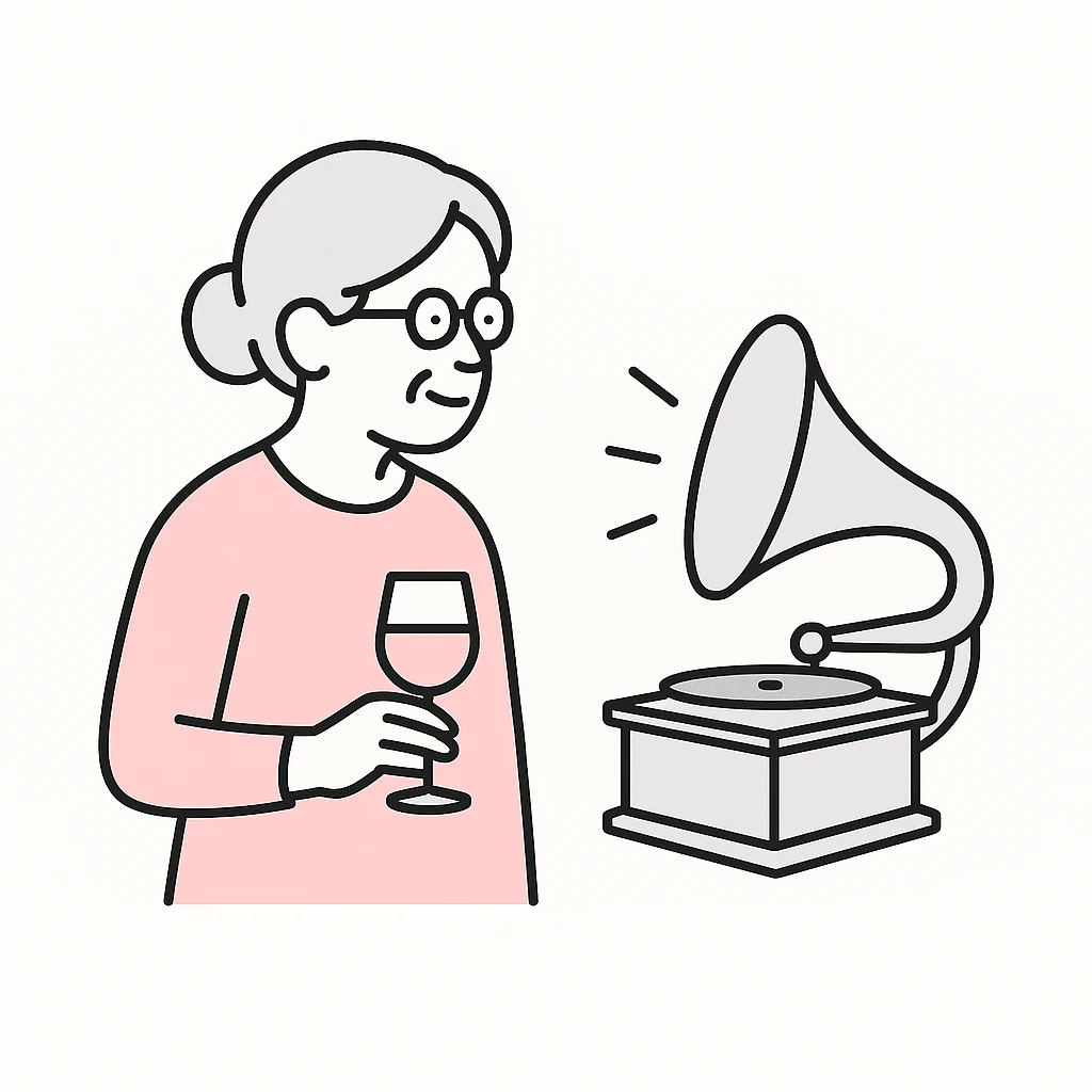 old lady with wineglass listening to gramophone emoji