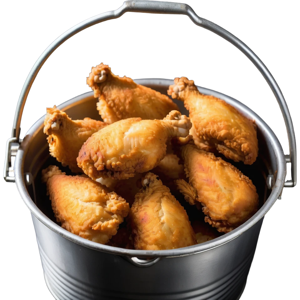 crispy fried chicken, golden-brown with light texture detail, in a silver steel bucket emoji