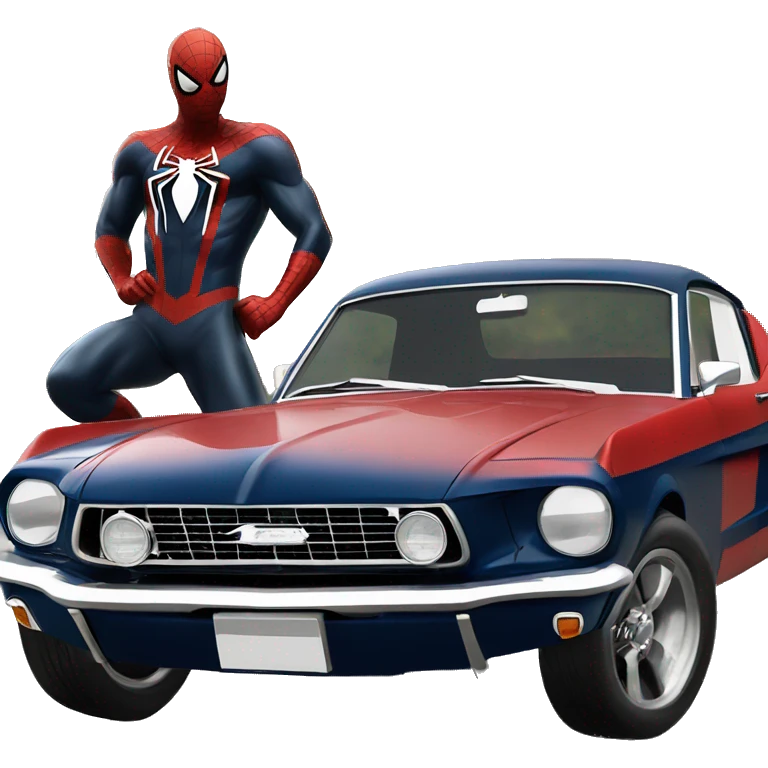 Spider-Man standing next to a 65 fastback Mustang black emoji