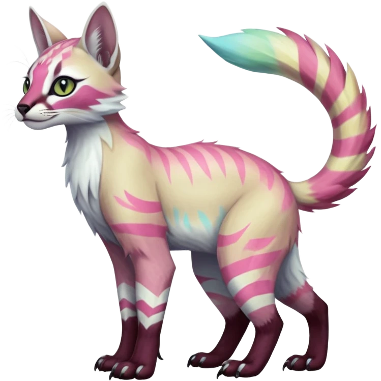 Colorful tropical tribal pale light fruity pastel white glorious iridescent divine exotic cute albino neon vibrant zigzagged cool beautiful fantasy-caracal-civet-genet-sergal-vernid-Gryphon-Cacomistle-Trico-oncilla-animal-Fakémon-hybrid-fursona (full body), facial markings,  emoji