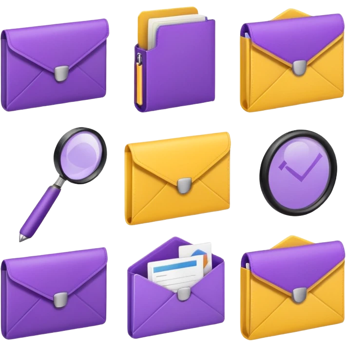 simple, minimalistic yellow (hex#FFD008) and purple (hex#8C52FF) icons of a pin, a working case, a folder, a magnifier, an email, an envelope. 6 icons in total emoji