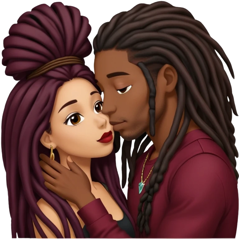 Dark Wine colored hair Latina long hair, kissing young black guy with dreads emoji