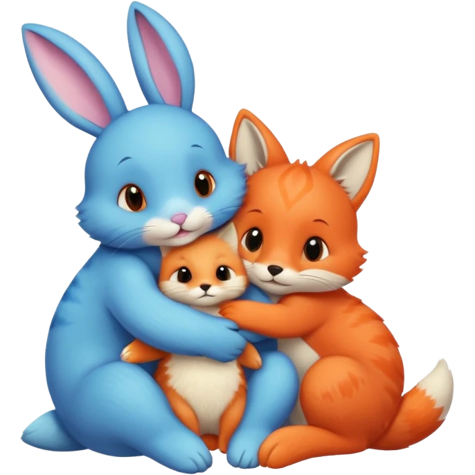 a blue bunny, a pink cat, a green turtle and an orange fox, all  hugging emoji