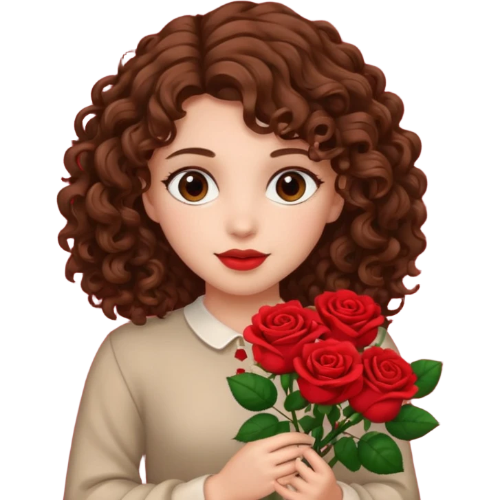 A girl with curly hair and res flowers in her hands emoji