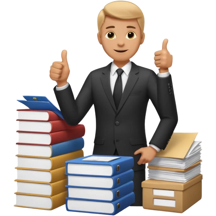 man standing on a heap of paperwork, giving a thumbs up emoji emoji