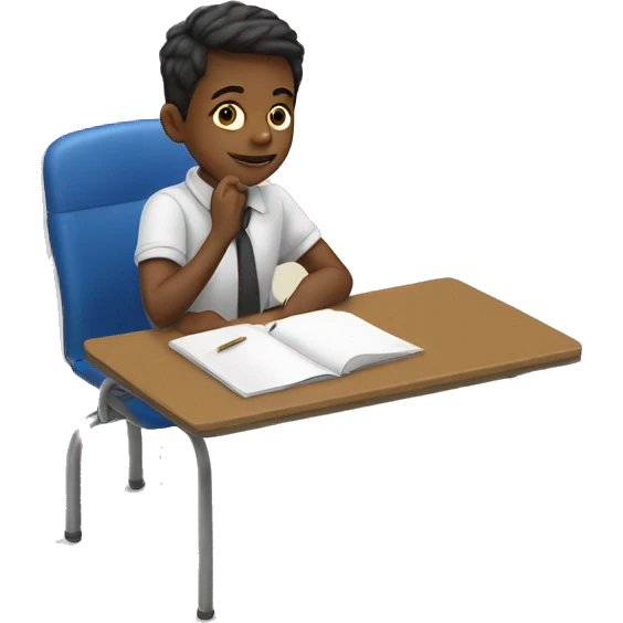 boy is sitting at school desk, hand is raised emoji