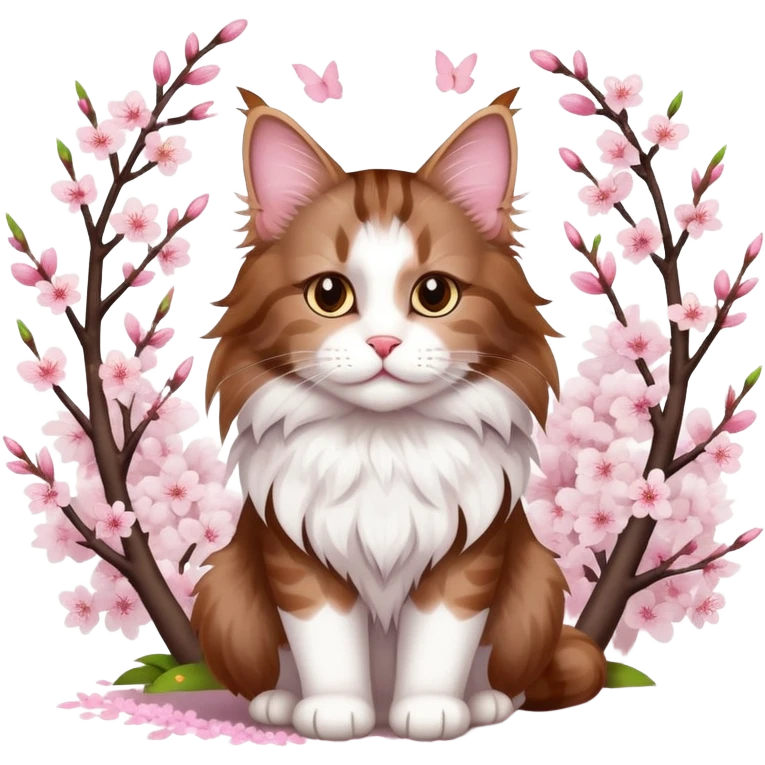 A cute  little  brown and white Maine coon and cherry blossom emoji
