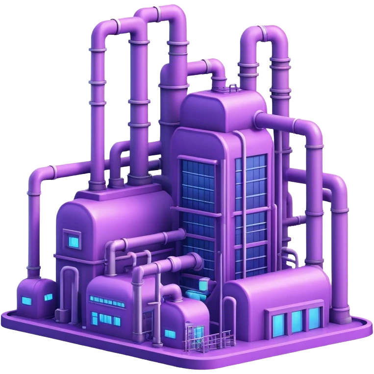 AI-powered factory. It should be a building with pipes. Add light violet neon glowing symbolizing power of AI emoji