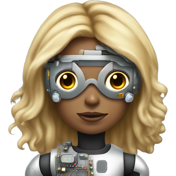Brown long hair with blonde steaks female cyborg head, fair skin, space age goggles and circuits emoji