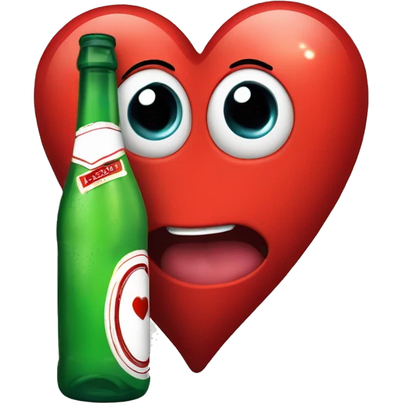 A red heart ❤️ with eyes, a mouth, and hands, tipsy and drunk, holding a bottle, looking wobbly and playful emoji