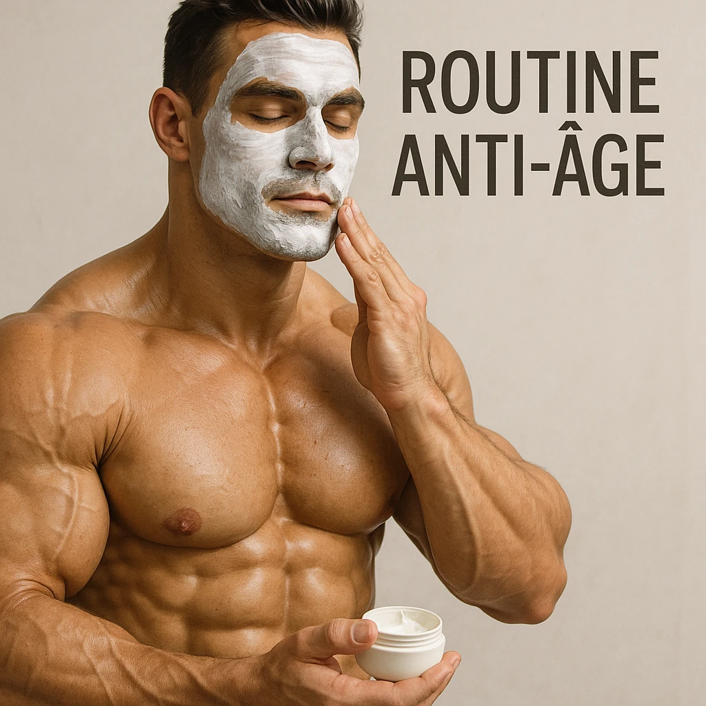 bodybuilder applying face mask to prevent skin aging, hyper realistic style, defined muscles, relaxed atmosphere, text 'Routine Anti-Age', light background emoji