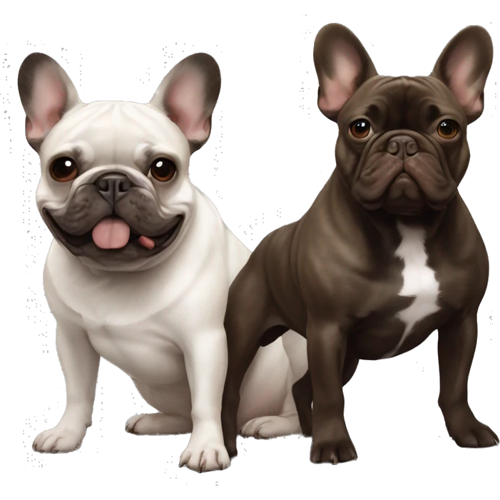 dark gray french bulldog happy alongside a dark brown brown brindle French bulldog, best friends emoji
