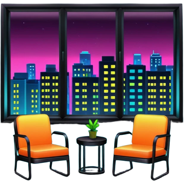  Apartment Windows with neon reflection, empty chair. emoji