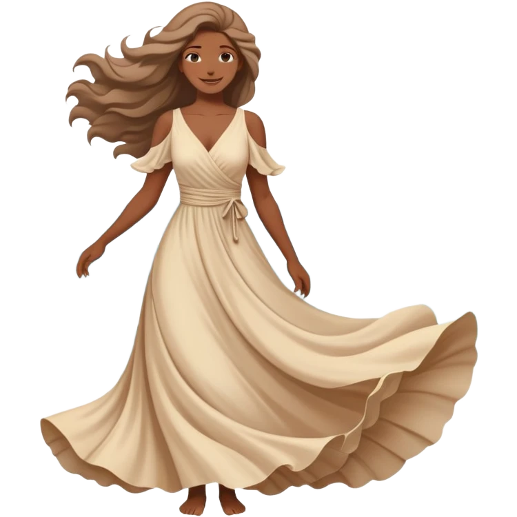 A woman in a flowing dress by the ocean, wind in her hair, a serene and confident smile. emoji