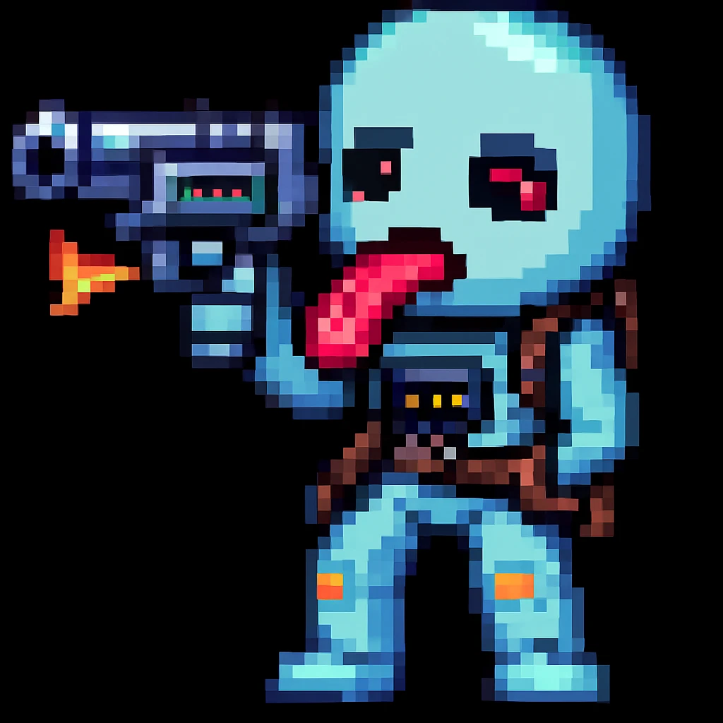 Make it pixel art style: Edit the emoji so it is putting the sci-fi blaster toward its tongue, keeping the pixel art style. emoji