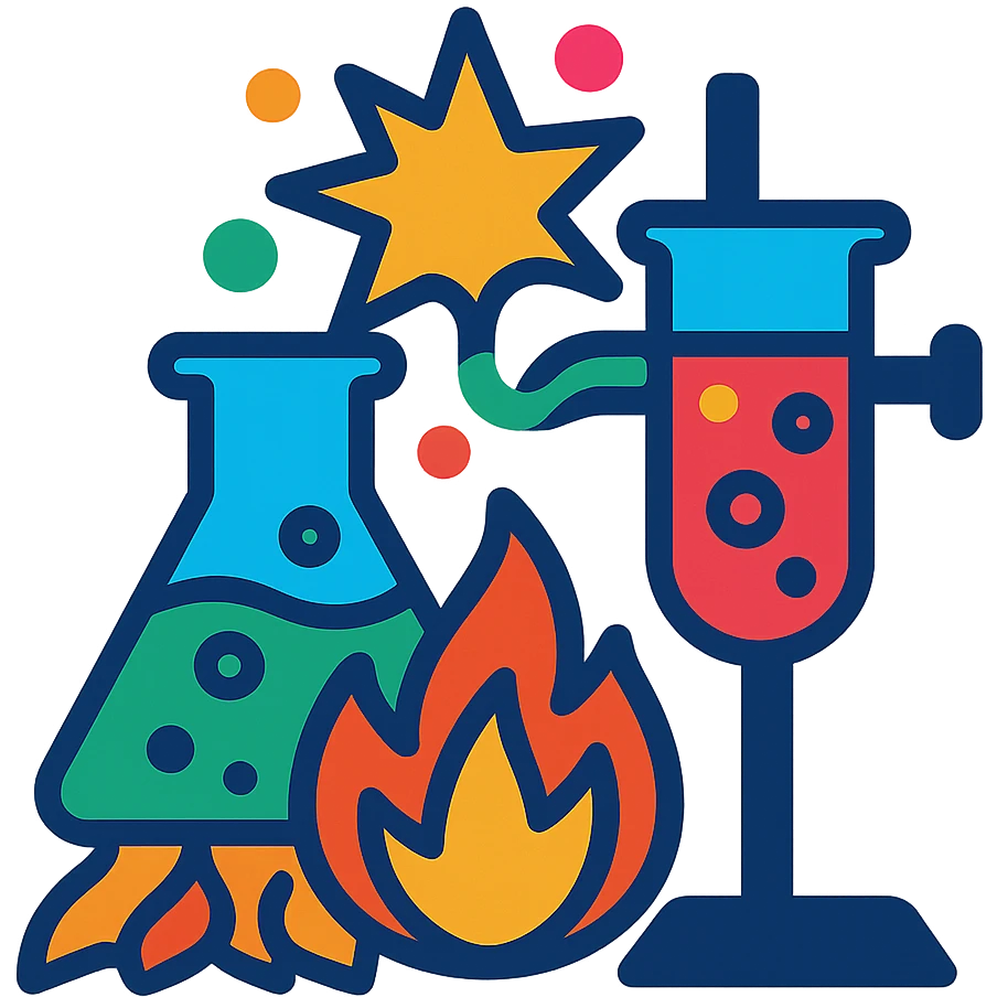 exothermic chemical reaction with beakers and flames, vibrant colors emoji