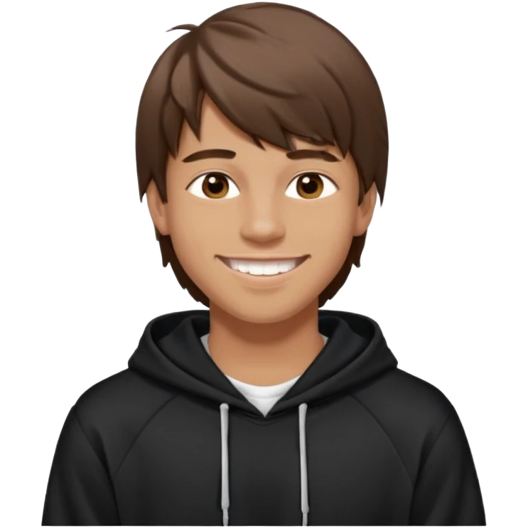 20 yr old man, brown hair, straight, big smile, white teeth, tanned skin, bangs, black hooded sweatshirt, long hair in back emoji