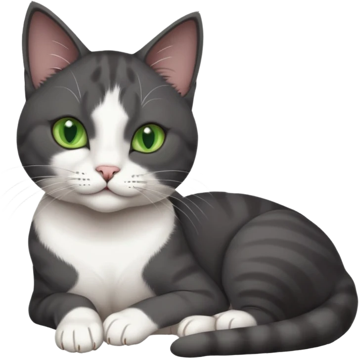 beautiful female solid dark grey cat with green eyes, white toes/paws and white patch on her chest lying down emoji