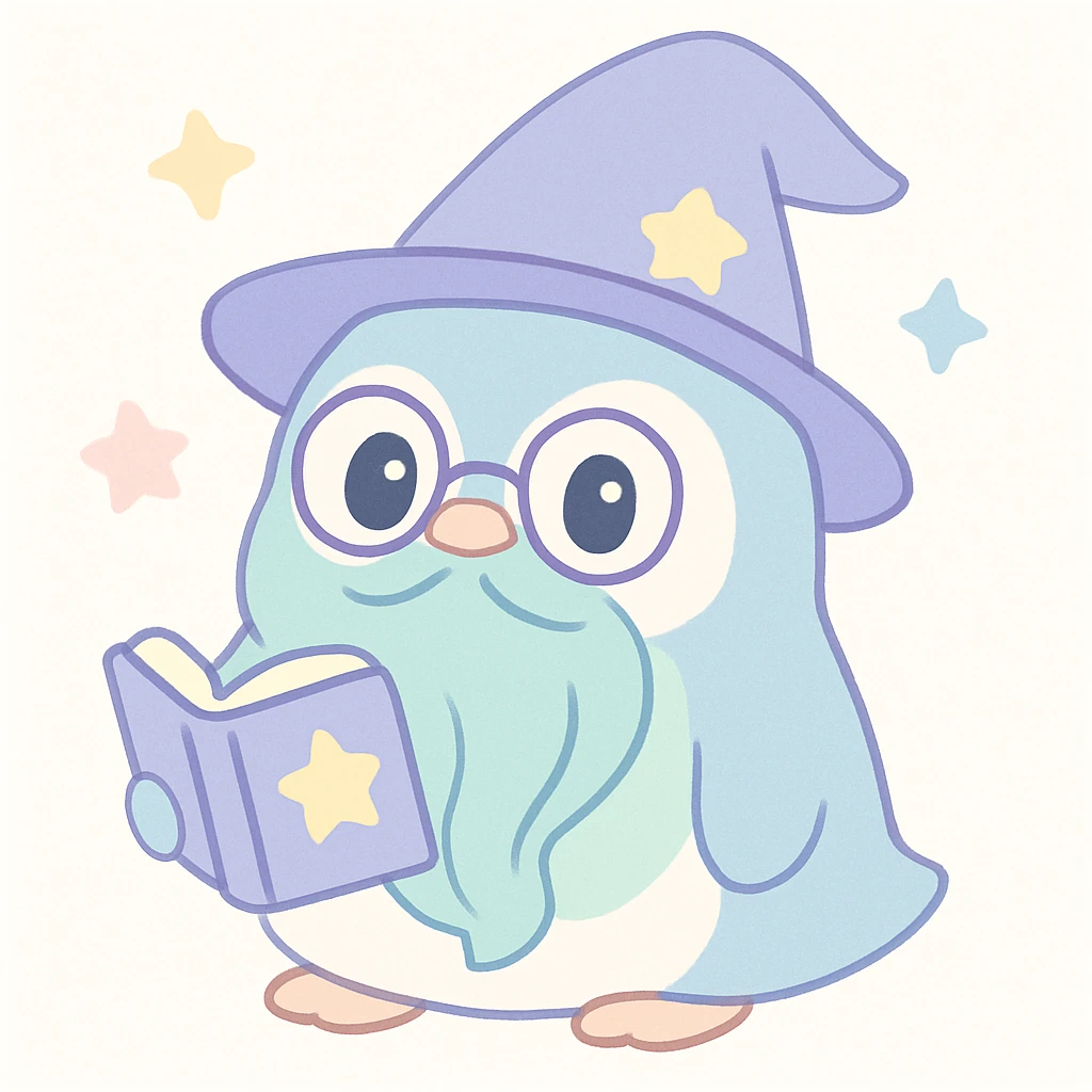 a chubby penguin wizard with glasses, a long beard, and a spellbook, looking wise and magical emoji