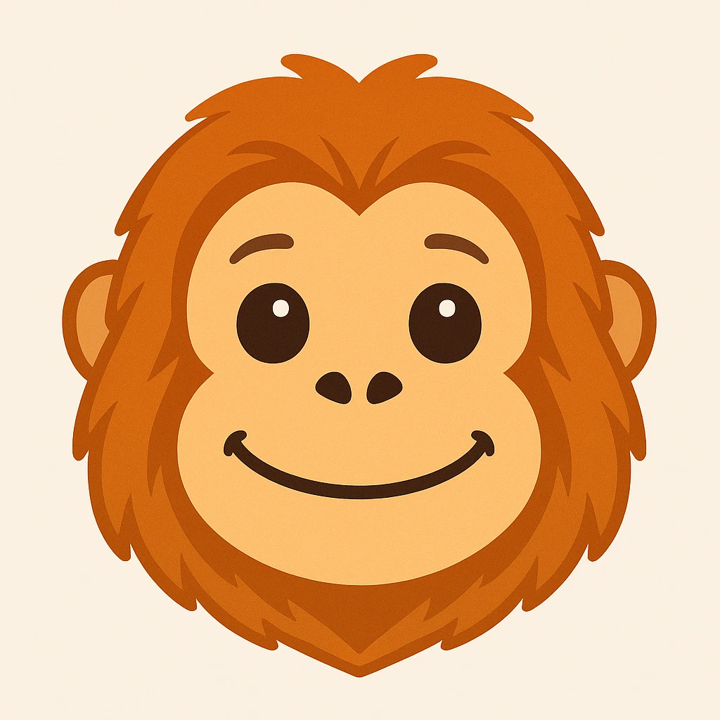 Create an orangutan face emoji similar to the reference image. The style should be simplified, expressive, with orange fur, emoji-like, and add a slight smile to the face. emoji