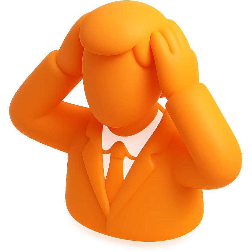 3D orange style male office worker with hands on his head, looking overwhelmed emoji