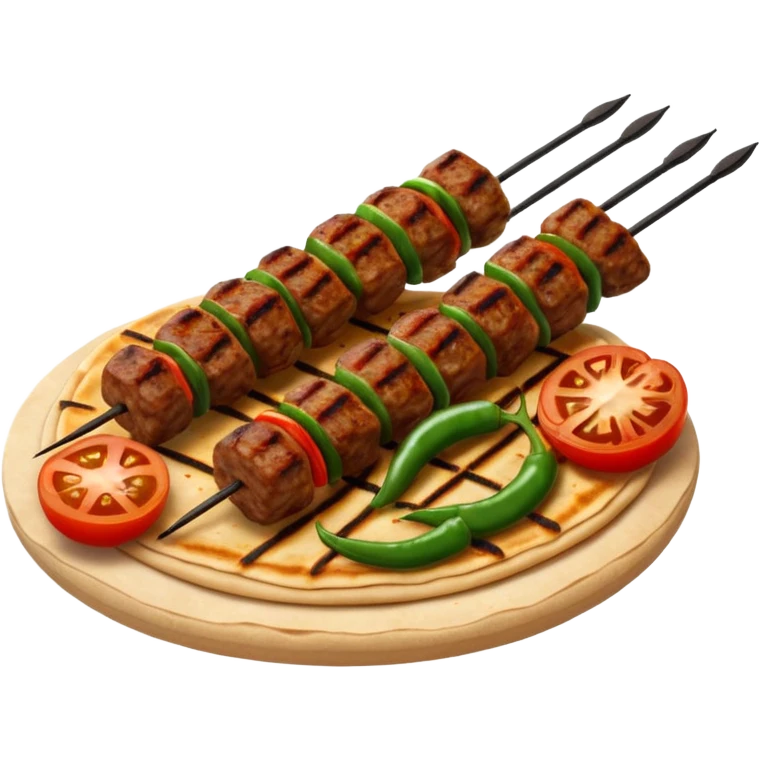 Adana kebab object icon, spicy grilled minced meat skewer, served on flatbread, grilled tomatoes and green peppers on the side, smoky char marks, juicy texture, 3D cartoon, mobile game icon style, centered, clean background, no text, no watermark
 emoji