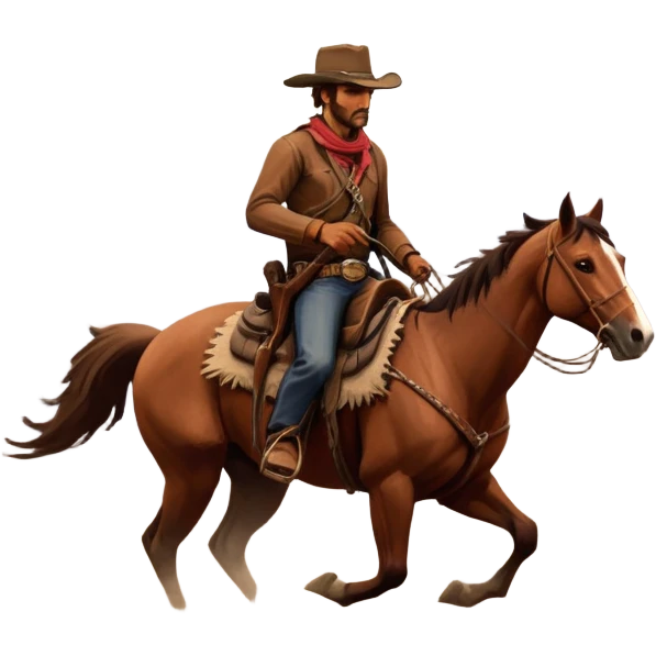 An icon representing an adventure game, inspired by Red Dead Redemption II. The design features a rugged cowboy riding a horse through a vast, open landscape with mountains, deserts, and wild animals. The atmosphere conveys exploration, action, and the thrill of the journey. Transparent background emoji