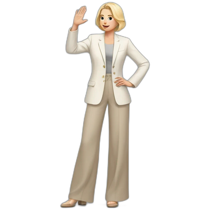Full height Actively gesturing with hands pale skin woman with ash blonde Straightened bob Hair, White Spacious classical jacket, beige palazzo Arrow pants and gray blouse emoji