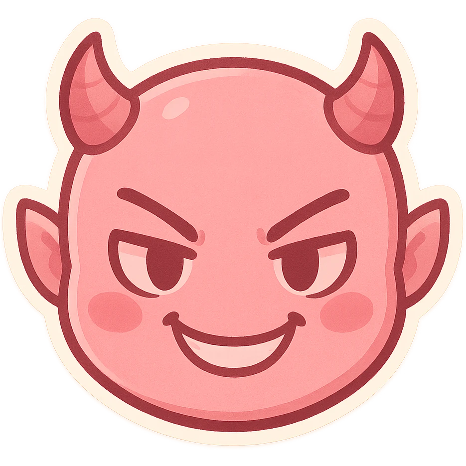 devil emoji, chibi style, pink color palette, small horns, mischievous grin, soft highlights emoji