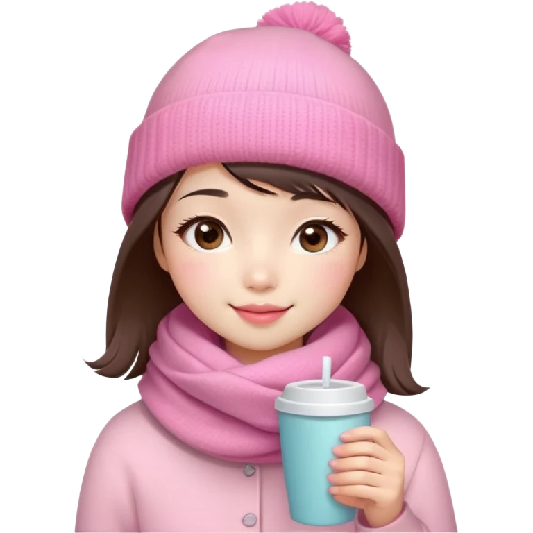 Cute East Asian girl, soft fair skin, big brown eyes, long lashes, natural pink lips, inward brown bob with straight bangs. Wearing pink beanie and scarf, rosy cheeks, shy smile, holding warm drink, snow,  emoji