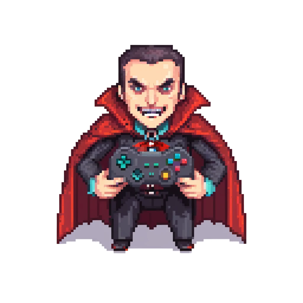 Count Dracula vampire with fangs and cape holding a gaming controller emoji