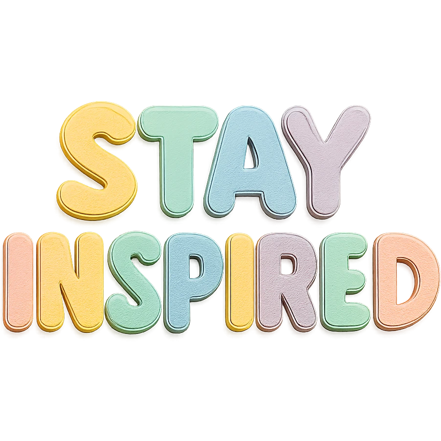 "Stay Inspired" in soft pastel rainbow puffy bold font, kawaii hand lettering, no outline, transparent background emoji