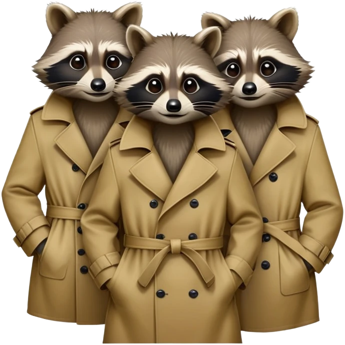 Three mischievious raccoons heads standing on top of each other pretending to be one person within single trench coat emoji