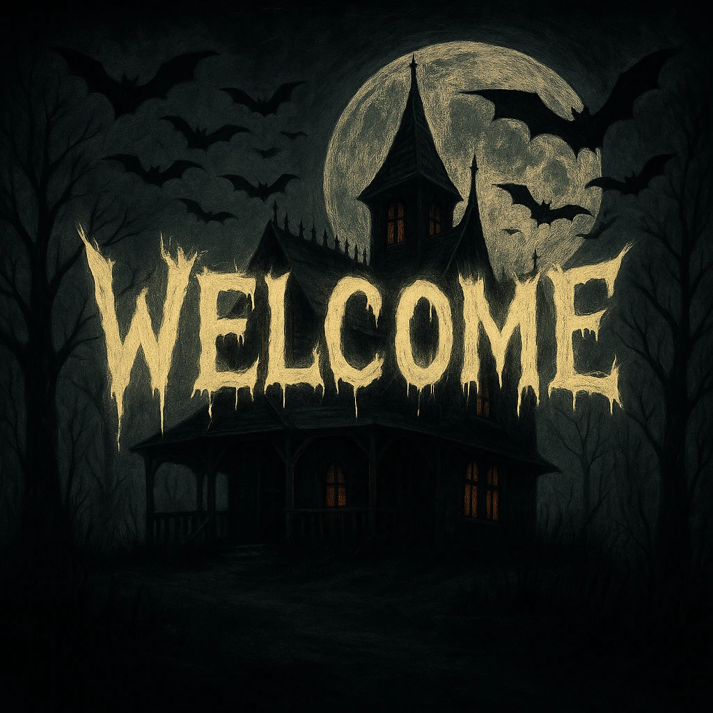 Add the word 'Welcome' in creepy, horror-themed text, integrated into the haunted house at night banner. The text should blend naturally with the spooky atmosphere and eerie lighting of the scene. emoji