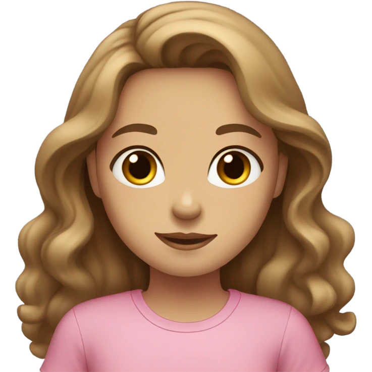 Girl with long brown wavy 2B texture hair, Blue eyes, a light tan and a pink shirt very beautiful  emoji